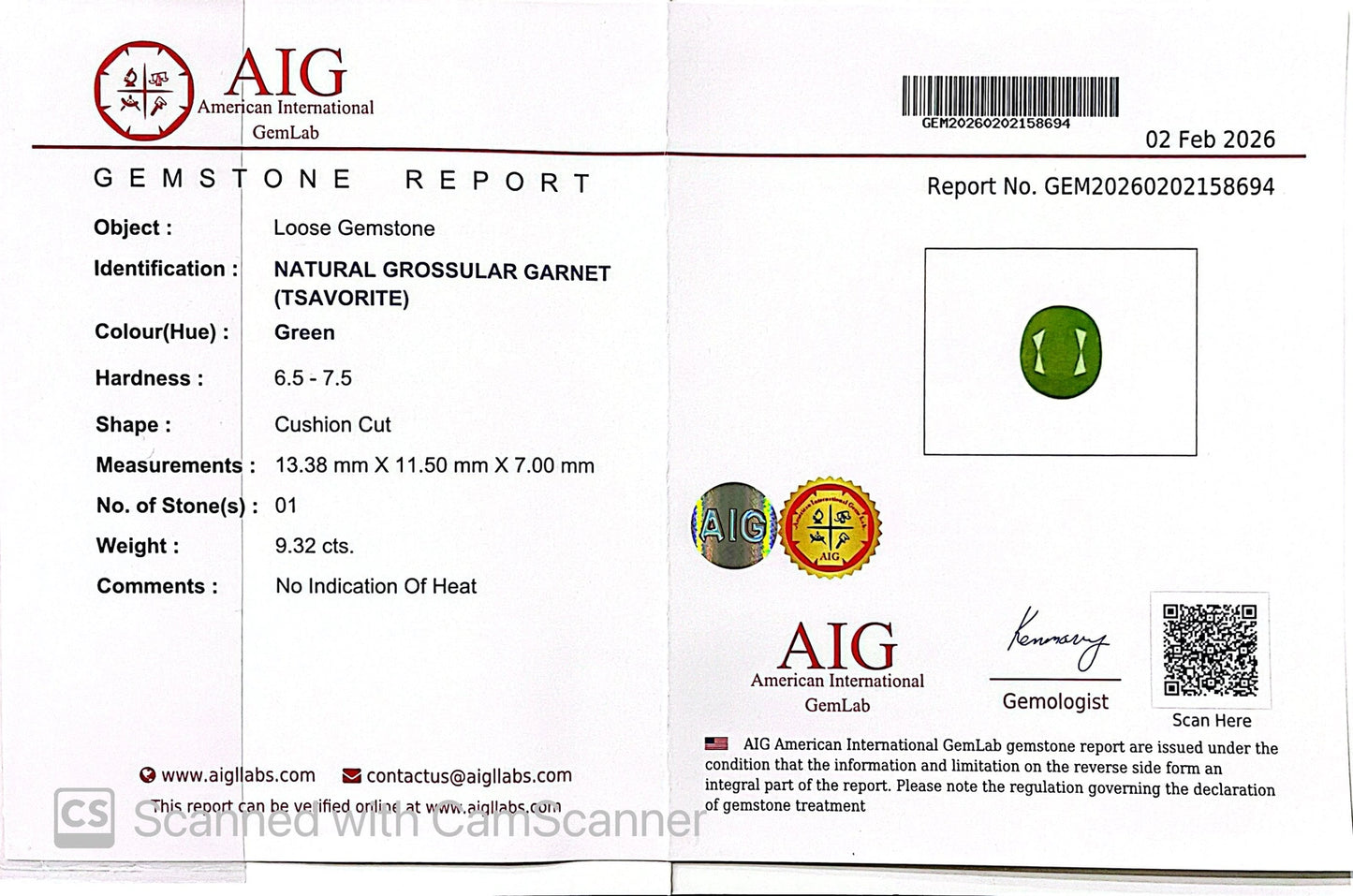 Großer 9,32ct Tsavorit
